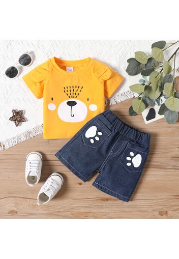 2pcs Baby Boy/Girl Cartoon Bear Print 3D Ears Decor Short-sleeve Tee and Denim Shorts Set