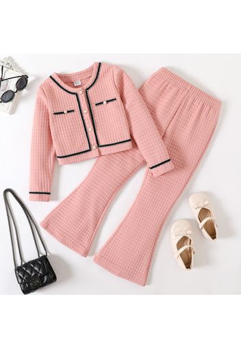 2pcs Kid Girl Tweed Textured Button Design Long-sleeve Tee and Pink Flared Pants Set