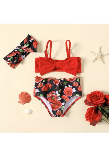 3pcs Baby Girl Red Floral Print & Solid Bow Front Bikini Set Swimsuit