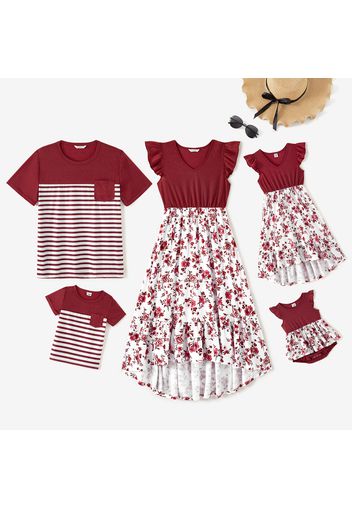 Family Matching Solid and Floral Print Splicing Flutter-sleeve Irregular Hem Dresses and Striped Short-sleeve T-shirts Sets