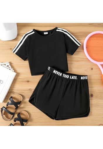 2pcs Kid Girl Striped Short-sleeve Tee and Letter Print Shorts Sporty Set