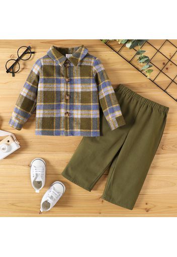 2pcs Baby Boy 100% Cotton Straight Leg Pants and Long-sleeve Plaid Shirt Set