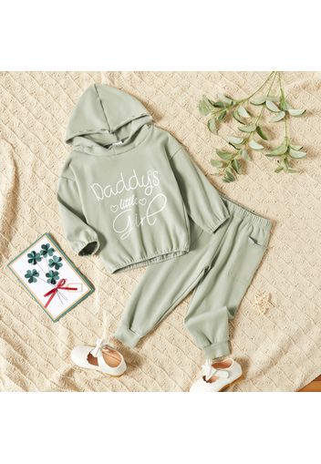 2-piece Toddler Girl Letter Print Lettuce Trim Hoodie and Pocket Design Solid Pants Set