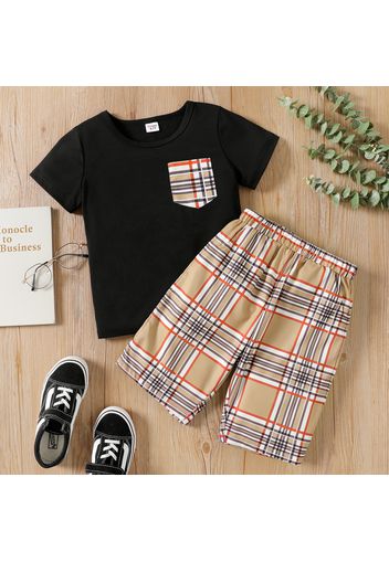 2pcs Kid Boy Plaid Pocket Design Short-sleeve Black Tee and Shorts Set