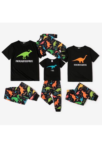 Family Matching Dinosaur and Letter Print Black Short-sleeve Loungewear Pajamas Sets (Flame Resistant)