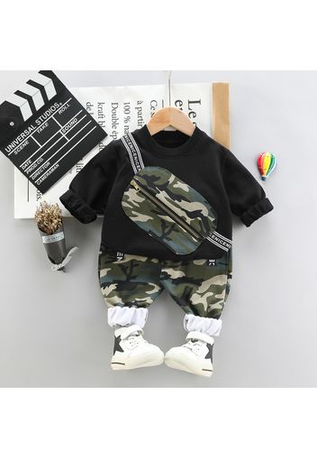 2pcs Toddler Boy Trendy Camouflage Print Bag Design Sweatshirt and Pants Set