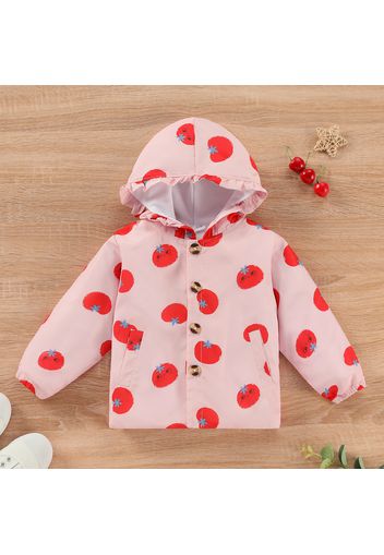 Toddler Girl Tomato Print Button Design Hooded Jacket