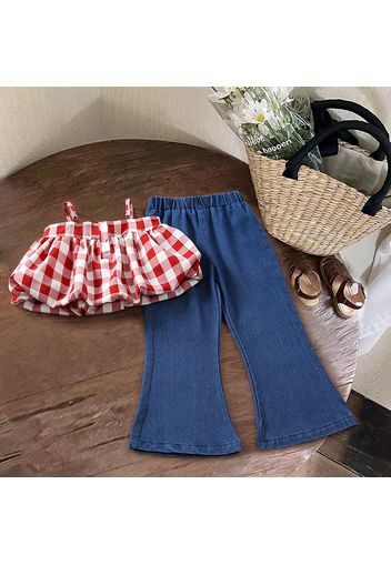 2pcs Toddler Girl Red Plaid Camisole and Flared Denim Jeans Set