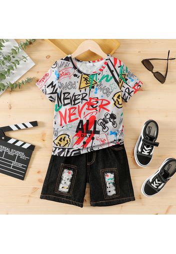 2pcs Kid Boy Letter Print Short-sleeve Tee and Ripped Denim Shorts Set