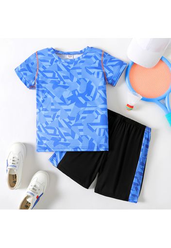 2-piece Kid Boy Allover Print Short-sleeve Tee and Elasticized Colorblock Shorts Set