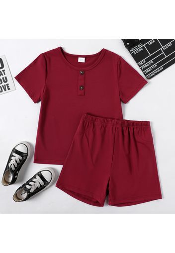 2-piece Kid Boy Button Design Solid Color Short-sleeve Tee and Short Set