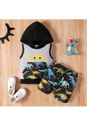 2pcs Baby Boy 95% Cotton Letter and Dinosaur Print Hooded Tank Top and Shorts Set