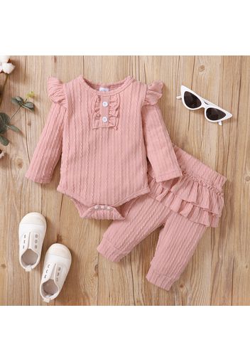 2pcs Baby Girl Solid Cable Knit Long-sleeve Romper and Layered Ruffle Trousers Set