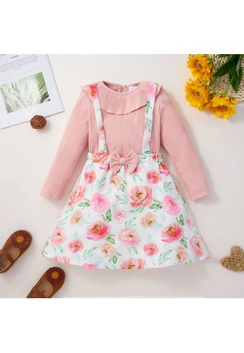 2-piece Toddler Girl Doll Collar Ribbed Solid Long-sleeve Top and Floral/Leopard Print Bowknot Suspender Skirt Set