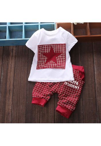 2pcs Toddler Boy Casual Star Print Tee and Plaid Letter Print Pants Set