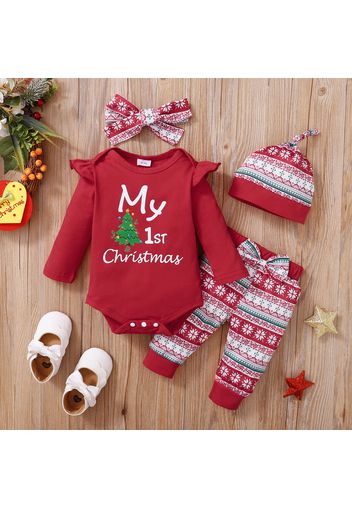 Christmas Baby 3pcs Tree and Letter Print Red Long-sleeve Romper and Pants Set