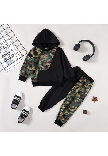 2pcs Toddler Boy Camouflage Print Colorblock Hoodie Sweatshirt and Pants Set