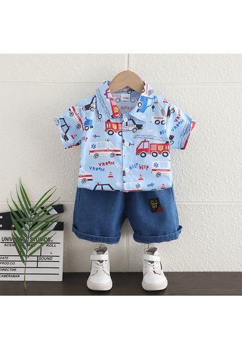 2pcs Toddler Boy Playful Denim Jeans Shorts and Vehicle Print Lapel Collar Shirt Set