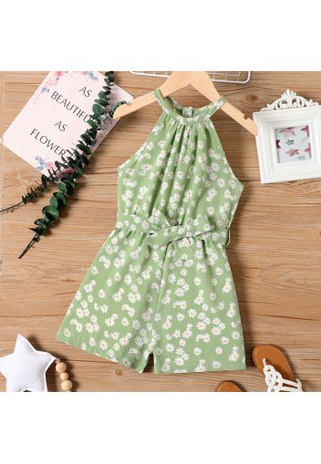 Kid Girl Floral Print Belted Green Halter Rompers