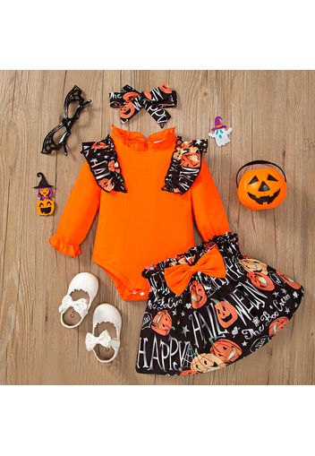 Halloween 3pcs Baby Girl 95% Cotton Long-sleeve Ruffle Trim Romper and Bow Front Allover Pumpkin & Letter Print Skirt with Headband Set