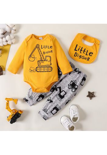 3pcs Baby Boy 95% Cotton Long-sleeve Construction Vehicle & Letter Print Romper and Pants with Bib Set