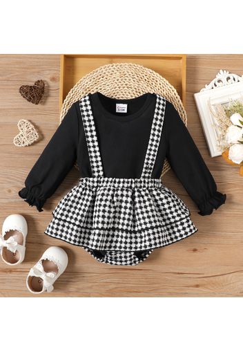 2pcs Baby Girl Rib Knit Long-sleeve Romper and Layered Houndstooth Suspender Shorts Set