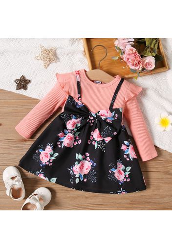 Baby Girl Rib Knit Ruffle Long-sleeve Spliced Floral Print Bow Front Dress