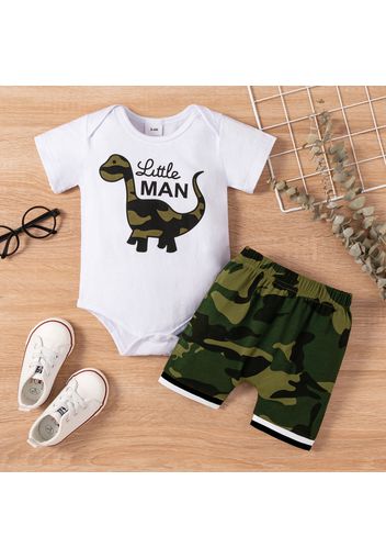 2pcs Baby Boy Camouflage Dinosaur and Letter Print Short-sleeve Romper and Shorts Set