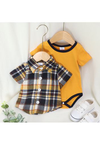 2pcs Baby Boy 95% Cotton Short-sleeve Yellow Plaid Shirt and Romper Set