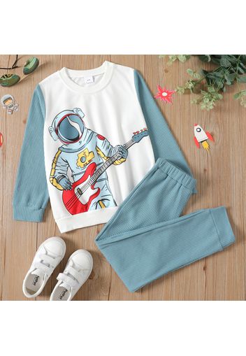 2-piece Kid Boy Astronaut Guitar Print Waffle Sweatshirt and Blue Pants Set