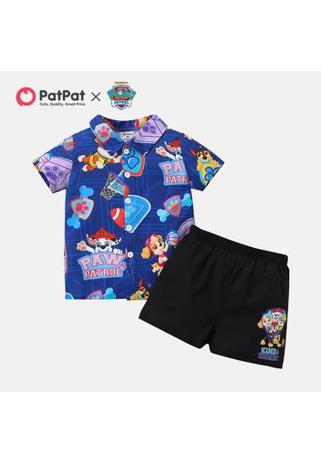 PAW Patrol 2pcs Toddler Boy Allover Print Lapel Collar Short-sleeve Shirt and Black Shorts Set