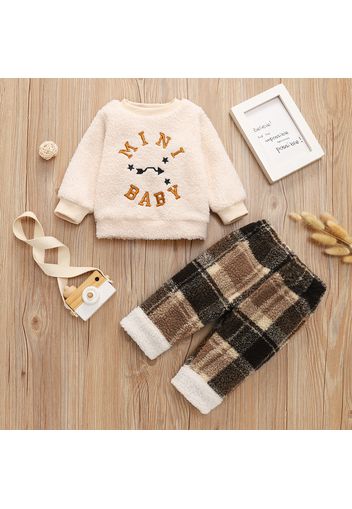 2pcs Baby Boy Letter Embroidered Thickened Fuzzy Fleece Long-sleeve Pullover and Plaid Trousers Set