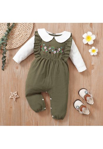 100% Cotton Baby Girl Floral Embroidered Doll Collar Ruffle Long-sleeve Jumpsuit