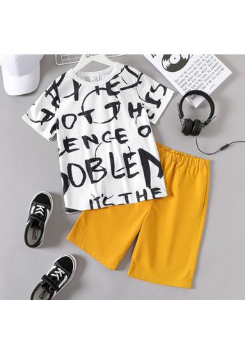 2pcs Kid Boy Letter Print Short-sleeve White Tee and Elasticized Yellow Shorts Set