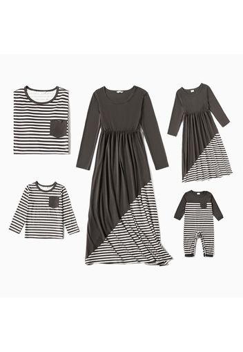 Grey Splicing Striped Family Matching Sets（Long-sleeve Maxi Dresses and T-shirts）