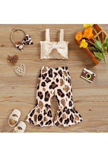 3pcs Baby Girl Ribbed Shirred Bowknot Sleeveless Crop Top and Leopard Bell Bottom Pants with Headband Set