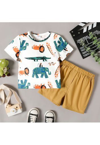 2-piece Toddler Boy Animal Print Short-sleeve Tee and Elasticized Khaki Shorts Set