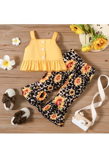 2pcs Baby Girl 100% Cotton Button Sleeveless Peplum Top and Sunflower Leopard Print Flared Pants Set
