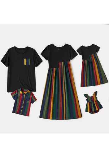 100% Cotton Family Matching Sets（Striped Short-sleeve Splicing Dresses and Shirts）