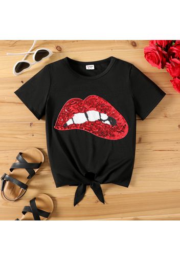 Kid Girl Lips Sequined Design Tie Knot Short-sleeve Tee