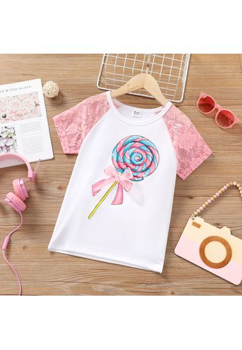 Kid Girl Lollipop Print Lace Design Short Raglan Sleeve Tee