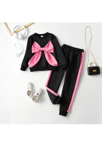 2-piece Kid Girl Big Bowknot Design Sweatshirt and Colorblock Pants Set