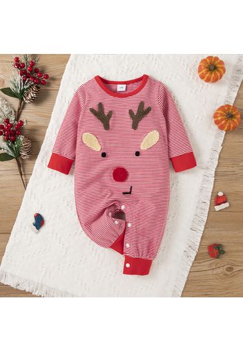 Christmas Deer Embroidered Red Striped Baby Boy/Girl Long-sleeve Cotton Jumpsuit