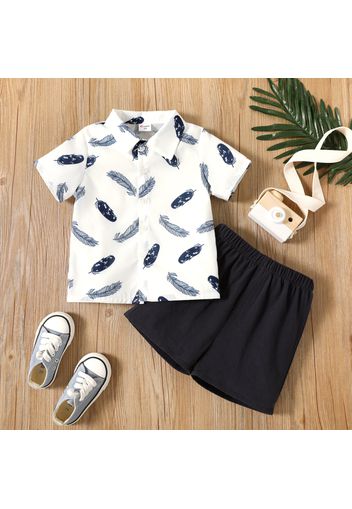 2-piece Toddler Boy Feather Print Lapel Collar Short-sleeve Shirt and Black Shorts Set