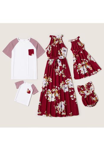 Floral Print Family Matching Sets（ Halter Neck Design Dresses for Mom and Girl; Raglan Sleeve T-shirts for Dad and Boy）