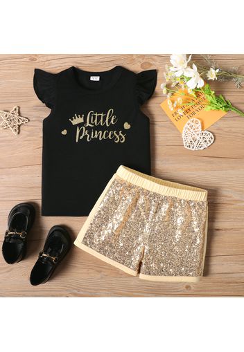 2pcs Kid Girl Letter Print Flutter-sleeve Black Tee and Sequined Shorts Set