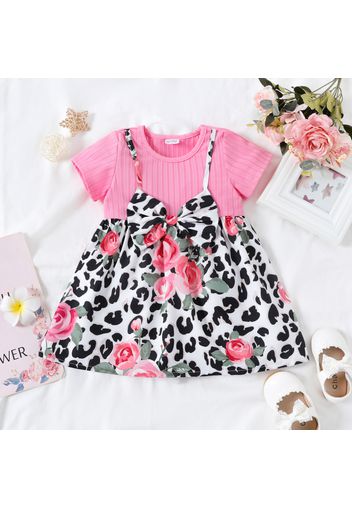 Baby Girl Pink Ribbed Short-sleeve Splicing Floral Print Leopard Bowknot Dress