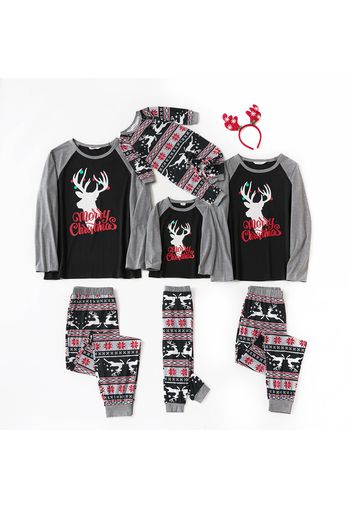 Merry Christmas Letters and Reindeer Print Family Matching Long-sleeve Pajamas Sets (Flame Resistant)