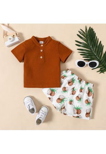 2pcs Baby Boy Short-sleeve Waffle Top and All Over Fruit Print Shorts Set