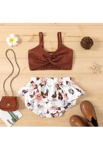 2pcs Baby Girl 100% Cotton Camisole Crop Top and Floral Print Ruffled Shorts Set